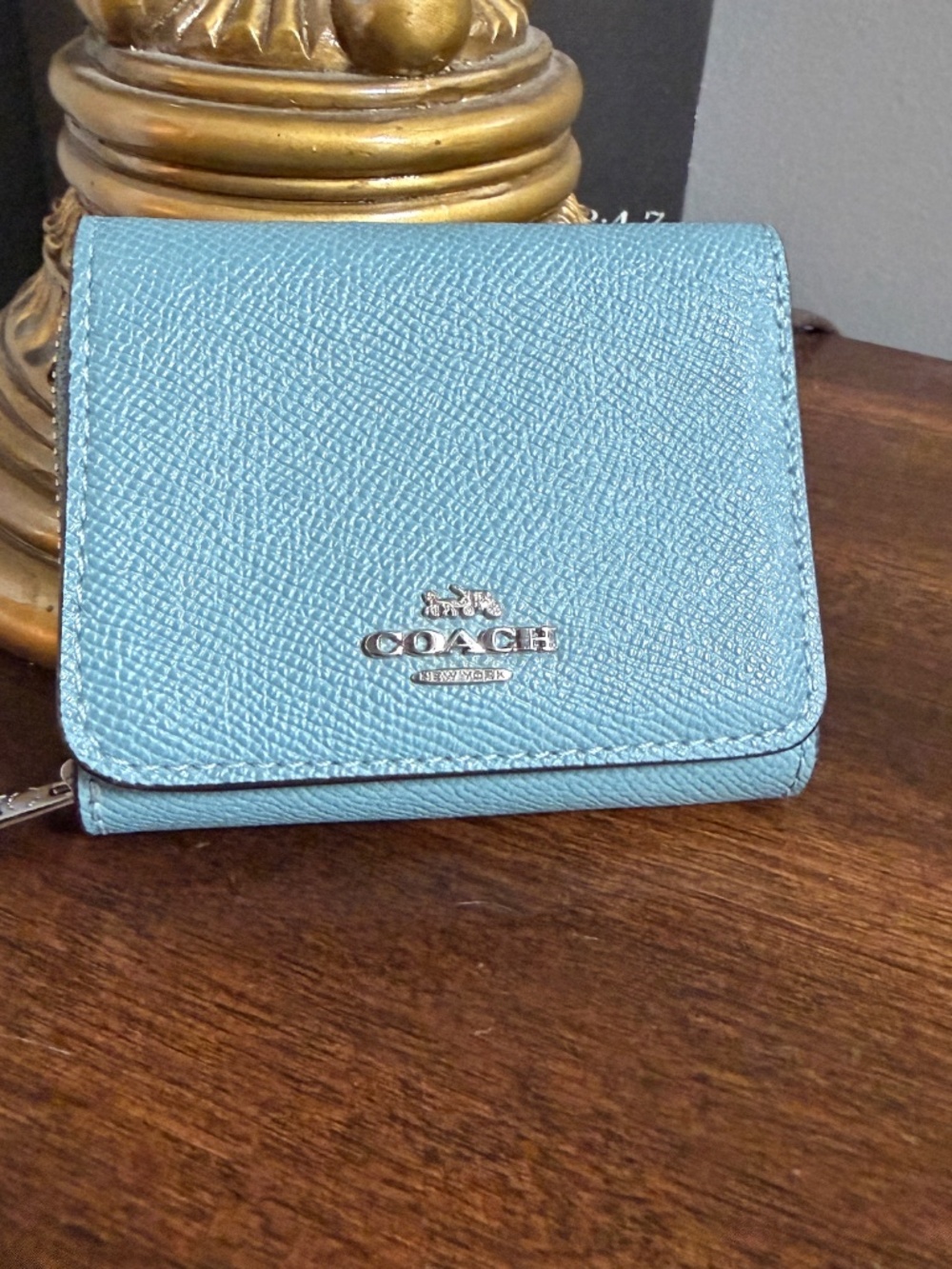 Coach Cloud Blue Leather Trifold Wallet Silver Hardware Compact